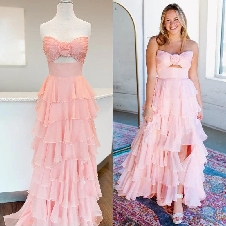 Cute Hot Pink A-Line Strapless Chiffon Long Prom Dress Layered Slit Sleeveless Evening Gown ED01882