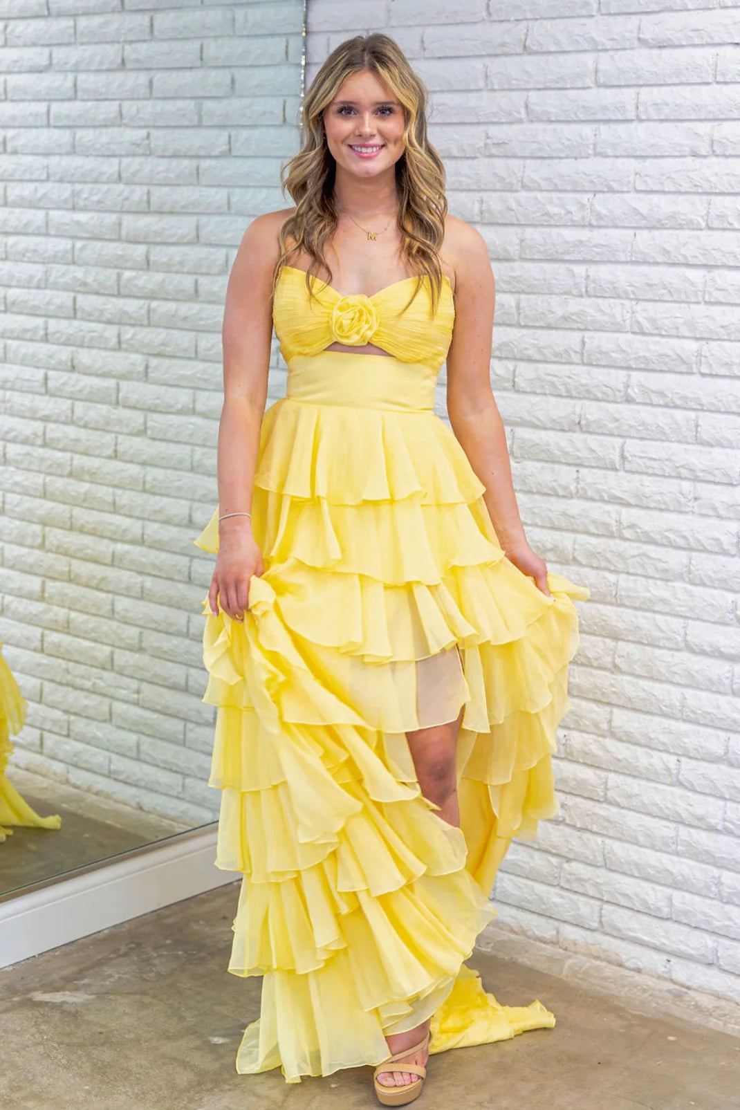 Cute Hot Pink A-Line Strapless Chiffon Long Prom Dress Layered Slit Sleeveless Evening Gown ED01882