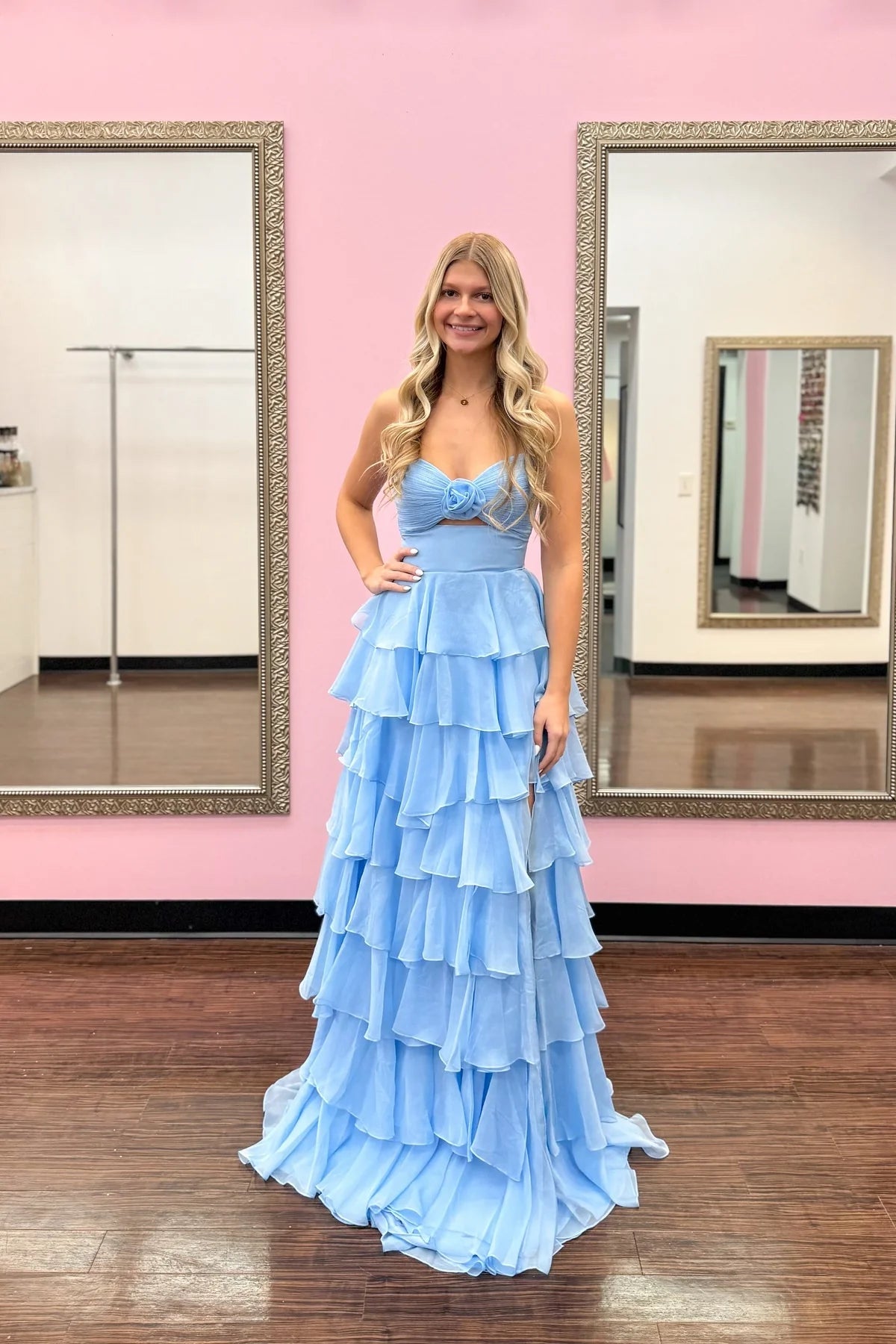 Cute Hot Pink A-Line Strapless Chiffon Long Prom Dress Layered Slit Sleeveless Evening Gown ED01882