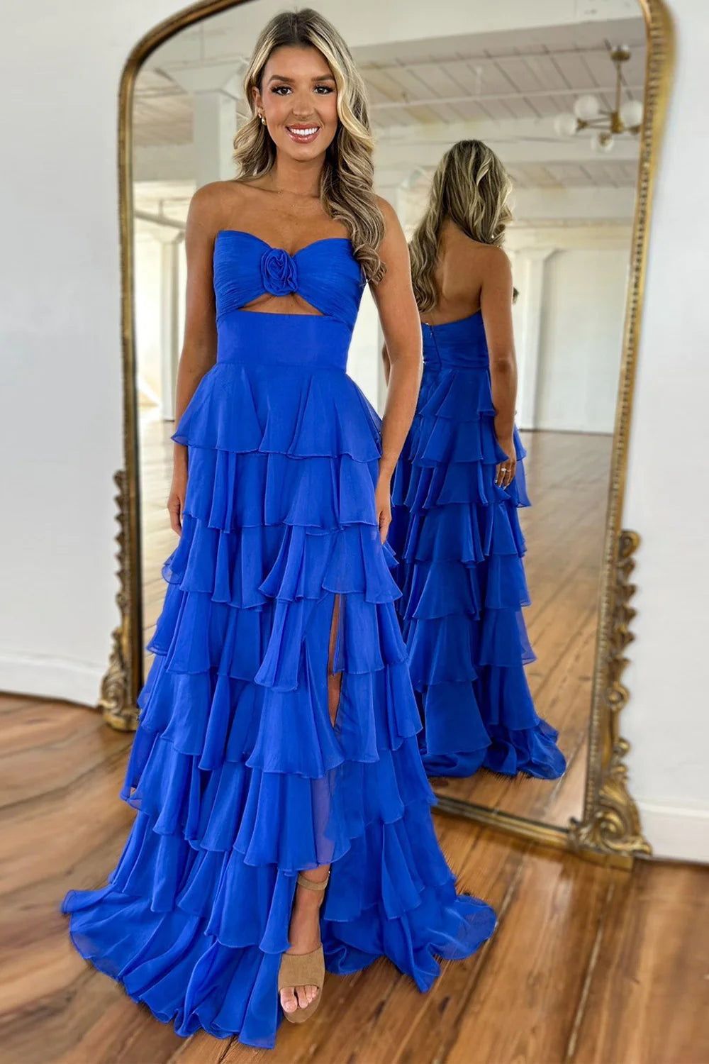 Cute Hot Pink A-Line Strapless Chiffon Long Prom Dress Layered Slit Sleeveless Evening Gown ED01882