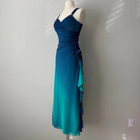 Beautiful Gradient Blue Glitter Chiffon Sweetheart Neck Prom Dress Birthday Dress ED01885