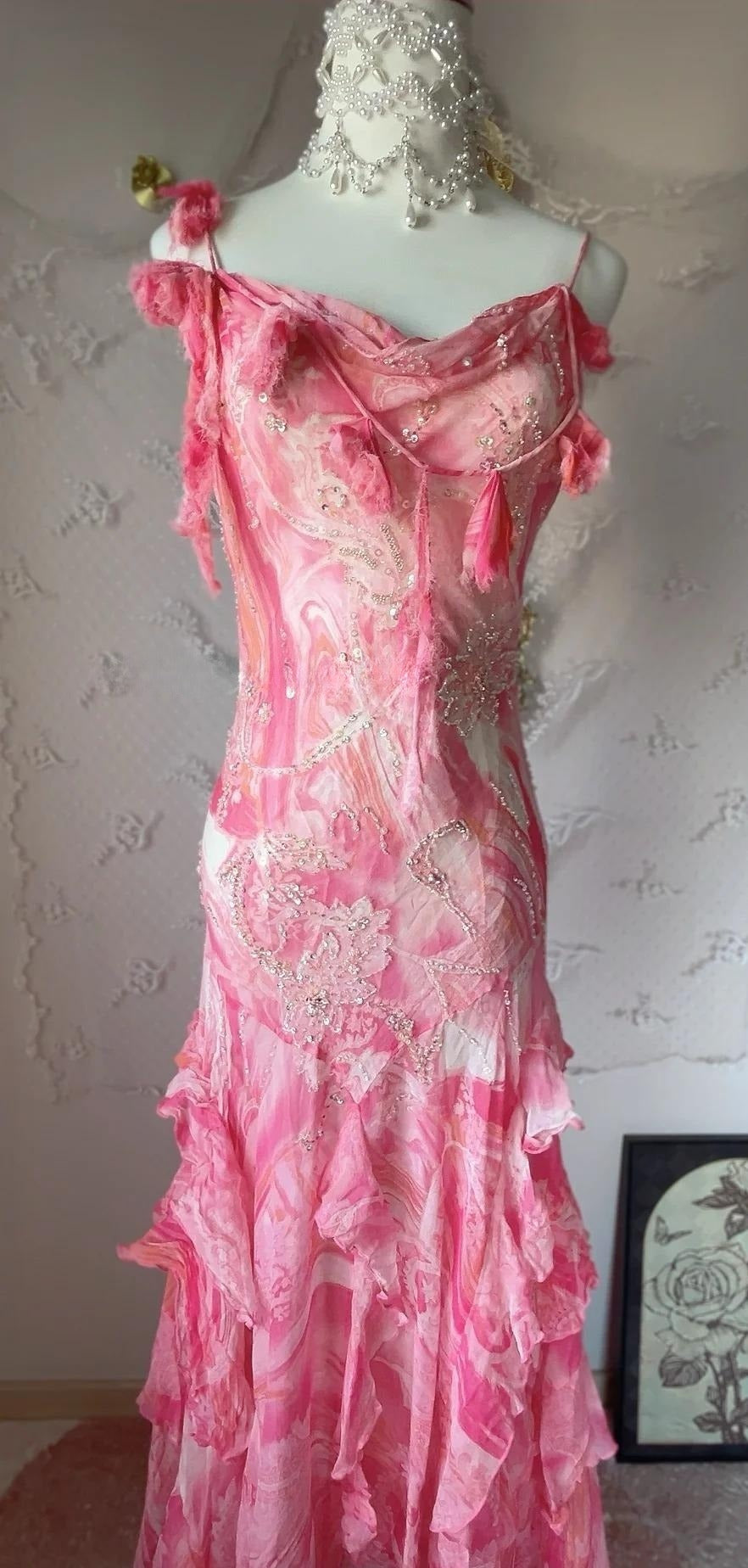 Robe fourreau vintage en mousseline de soie à paillettes, rose doux, bretelles spaghetti, robe de bal, robe de fête d'anniversaire ED01886