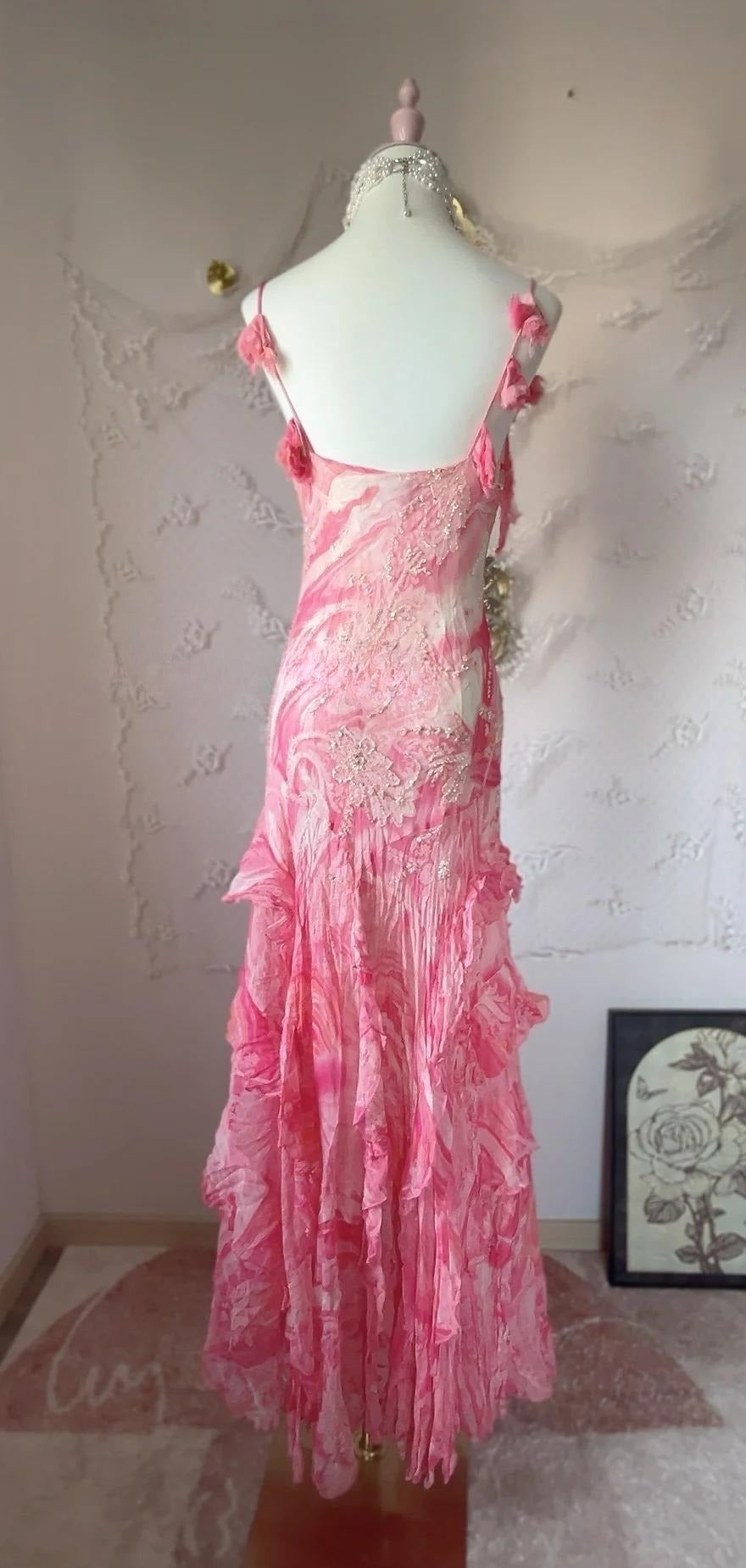 Robe fourreau vintage en mousseline de soie à paillettes, rose doux, bretelles spaghetti, robe de bal, robe de fête d'anniversaire ED01886