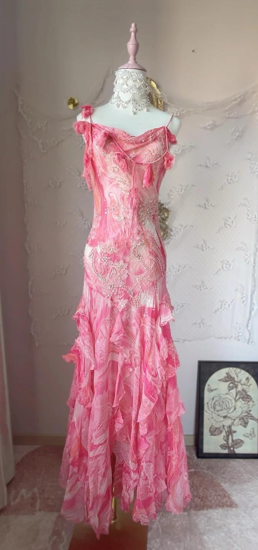 Robe fourreau vintage en mousseline de soie à paillettes, rose doux, bretelles spaghetti, robe de bal, robe de fête d'anniversaire ED01886
