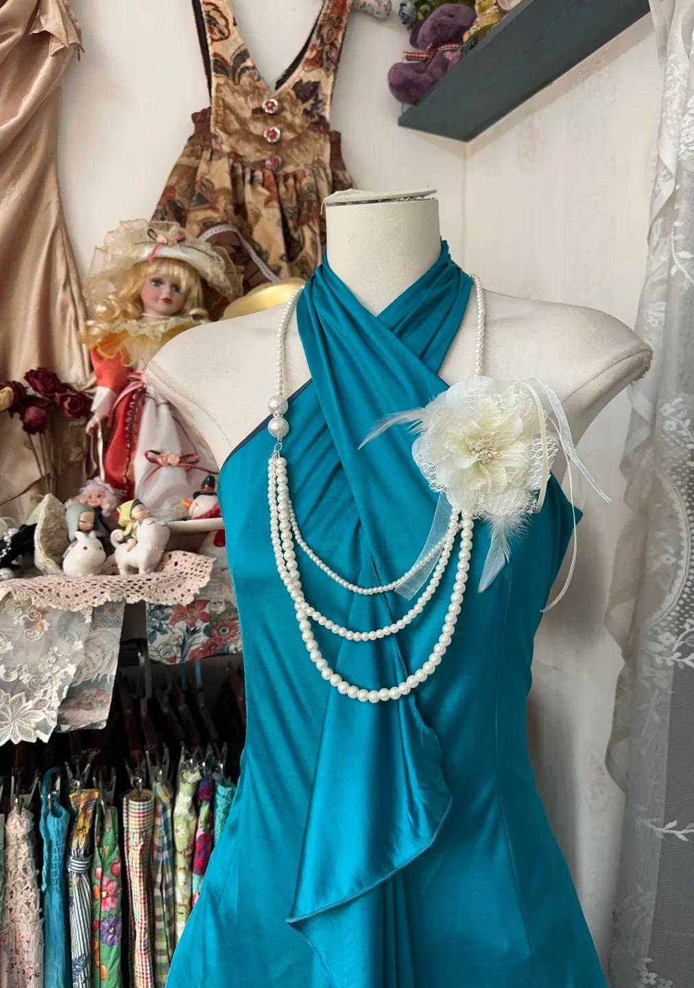 Robe de bal en satin turquoise, coupe trapèze, dos nu, sexy, sans manches, ED01894