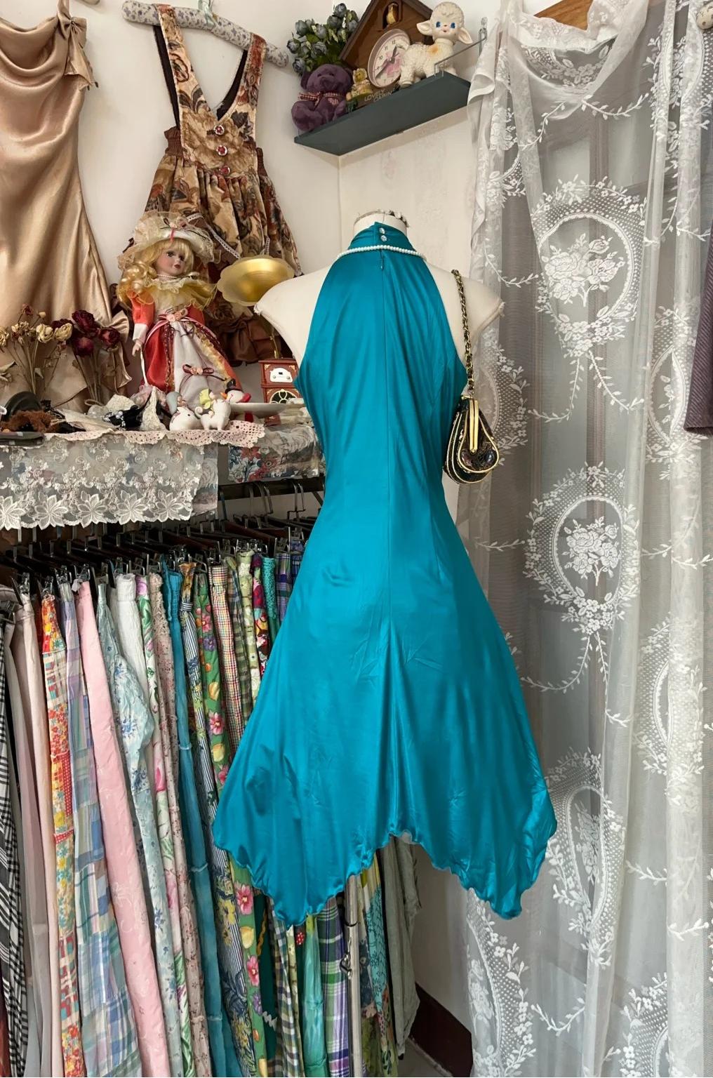 Robe de bal en satin turquoise, coupe trapèze, dos nu, sexy, sans manches, ED01894