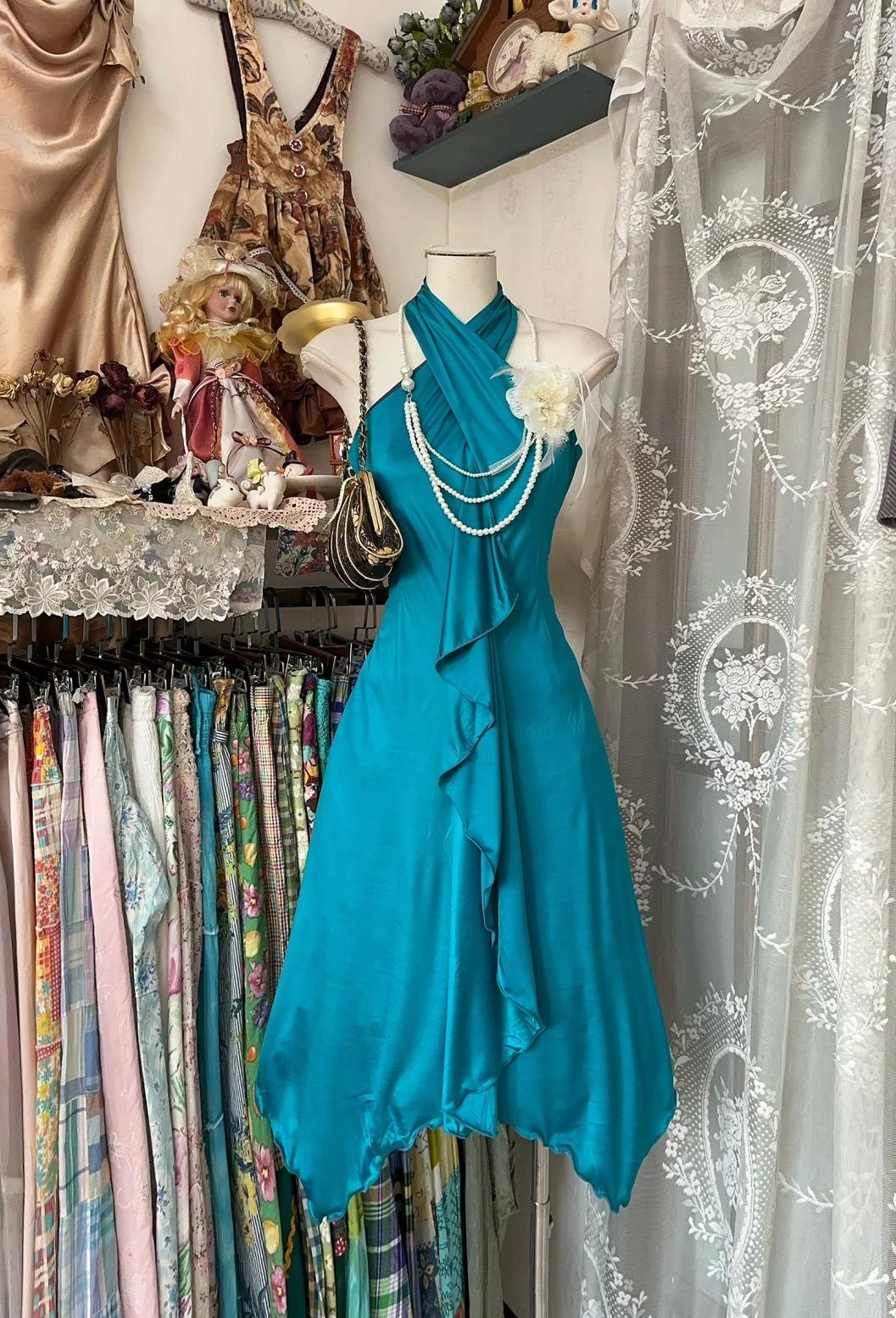 Robe de bal en satin turquoise, coupe trapèze, dos nu, sexy, sans manches, ED01894