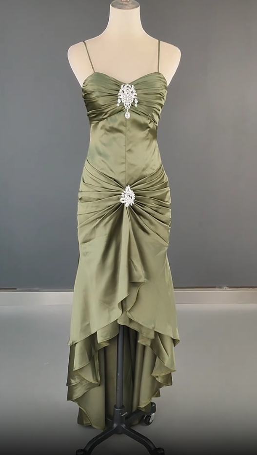 Robe de soirée élégante à bretelles spaghetti et sirène en satin vert foncé, longue et magnifique robe de bal ED01896