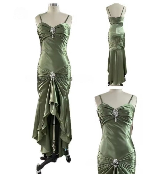 Elegant Spaghetti Strap Mermaid Satin Dark Green Long Prom Dress Gorgeous Evening Dress ED01896