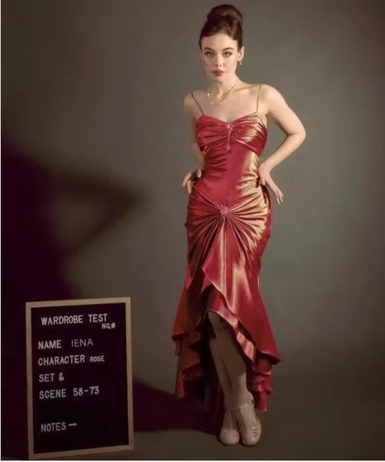 Elegant Spaghetti Strap Mermaid Satin Dark Green Long Prom Dress Gorgeous Evening Dress ED01896