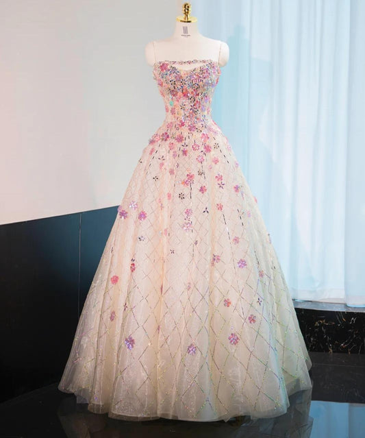 Wunderschönes rosa Perlenblumen A-Linie trägerloses langes Ballkleid Wunderschönes formelles Abendkleid ED01899