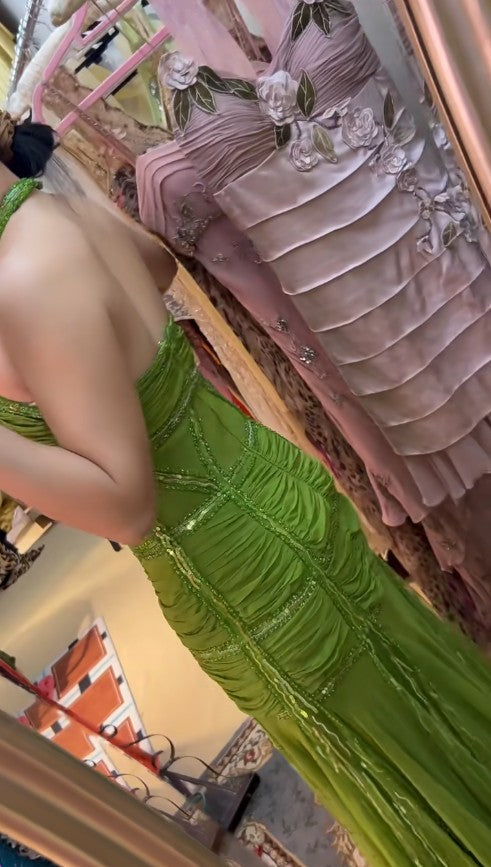 Vintage Green Halter Mermaid Chiffon Beaded Sequin Prom Dress Elegant Formal Evening Dress ED01900