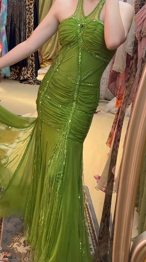 Vintage Green Halter Mermaid Chiffon Beaded Sequin Prom Dress Elegant Formal Evening Dress ED01900