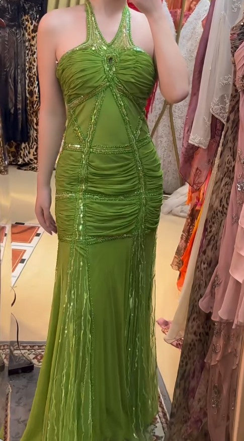 Vintage Green Halter Mermaid Chiffon Beaded Sequin Prom Dress Elegant Formal Evening Dress ED01900