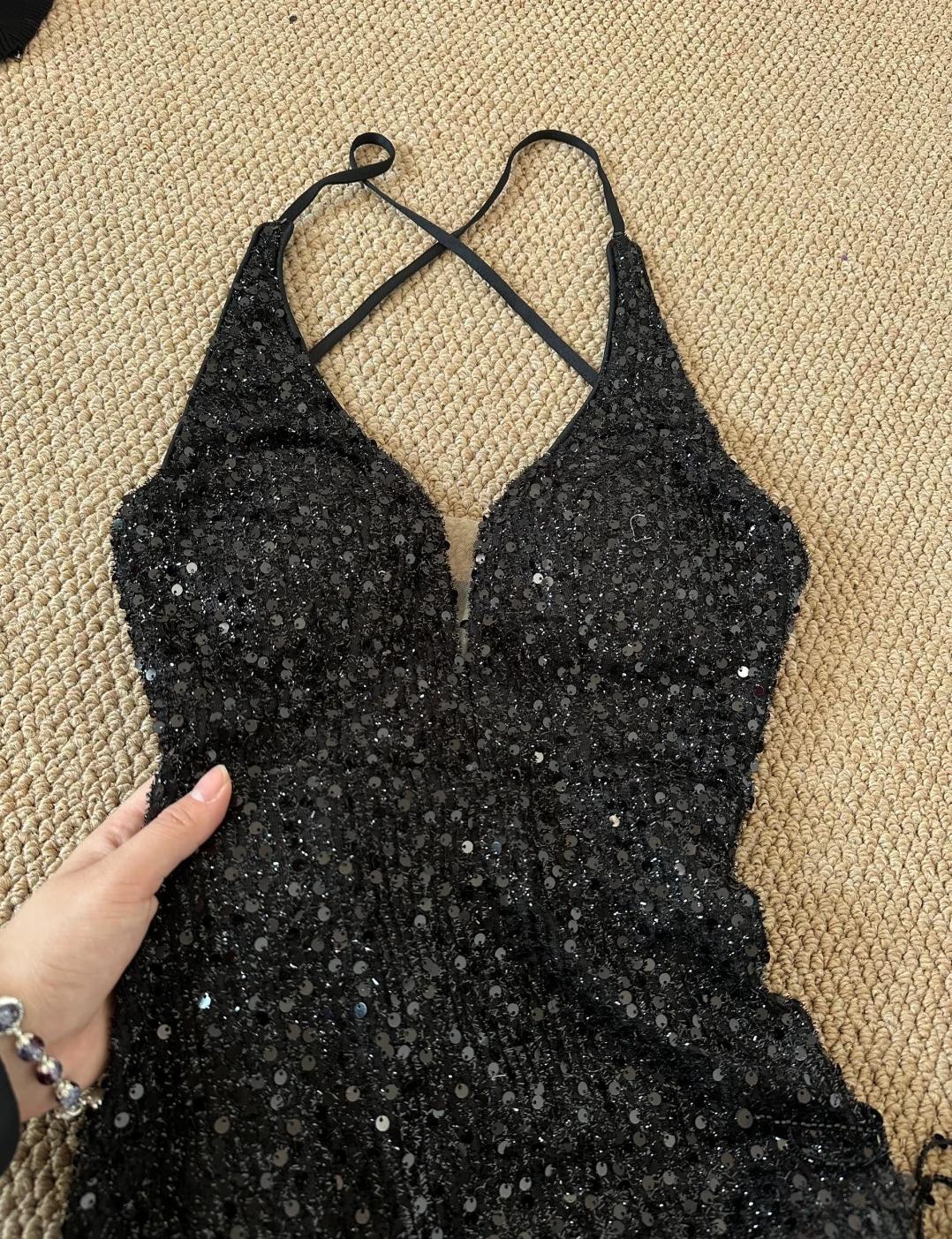 Gorgeous Black Sequin Mermaid Spaghetti Strap Vling Long Prom Dress Backless Formal Evening Dress ED01906