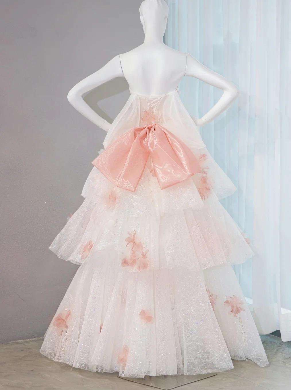 Gentle Pastel Layered A-Line Strapless Tulle Long Prom Dress Cute Applique Birthday Evening Dress ED01907