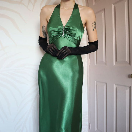 **🍃Vintage Forest Green Backless Ball Gown - Glam Sparkling Beads & Satin for Prom,🍻 Galas& Parties**