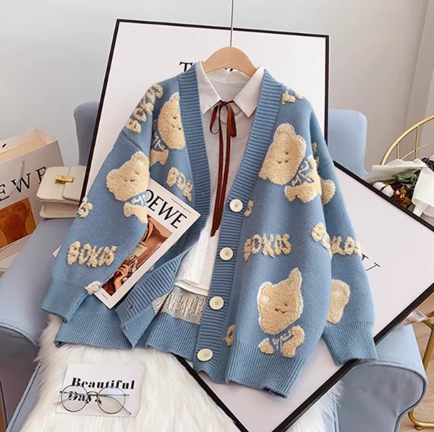 V-neck bear cardigan sweater loose knitted cardigan ED0191