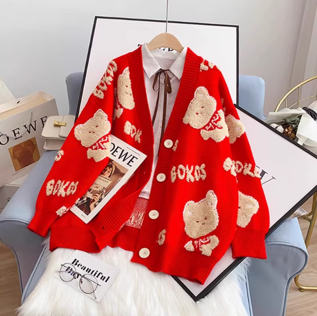 V-neck bear cardigan sweater loose knitted cardigan ED0191