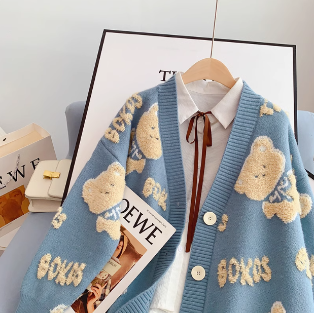 V-neck bear cardigan sweater loose knitted cardigan ED0191