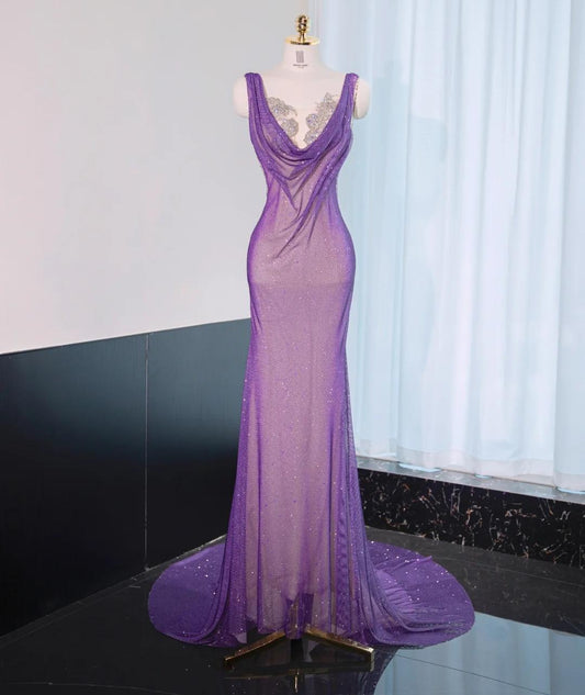 Noble Purple Mermaid Gown - Glitter Rhinestone Tulle Prom Dress for Special Ocassions  ED01926