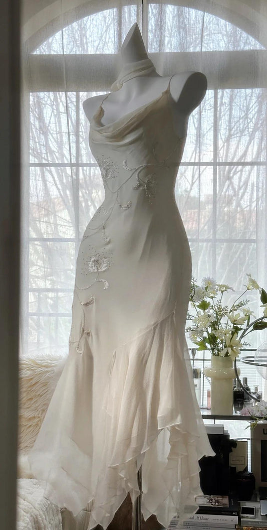 90s Fairy Style White Chiffon & Tulle Prom Dress-Vintage Beading & Embroidery Ball Gown for Formal Events
