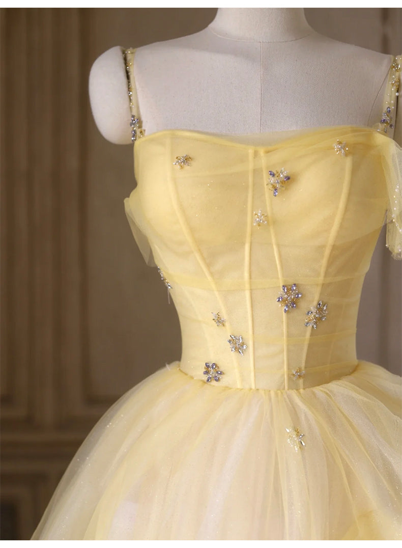 Sweet Yellow Princess Tulle Prom Dress ๐A-Line Shinny Beaded Evening Gown for Graduation & Quinceanera & Birthday ED01940