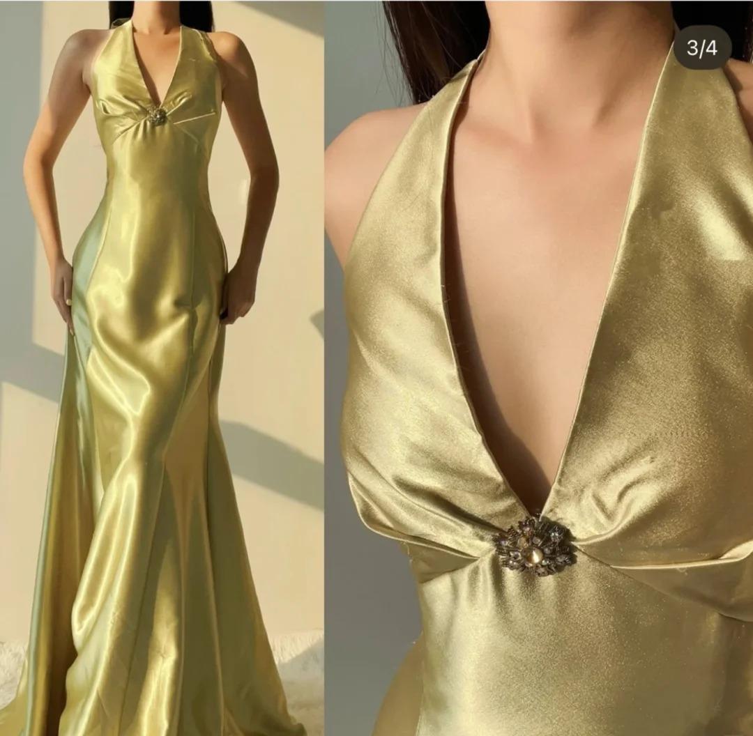 Yellow Mermaid Satin Prom Dress for Party&Quinceanera Backless Halter Evening Gown