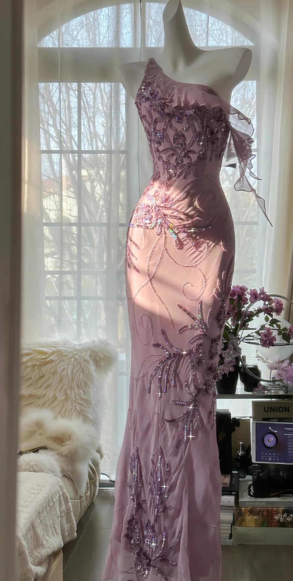 Robe de bal moulante en mousseline de soie violet clair à une épaule, robe de soirée vintage à paillettes, ED01948