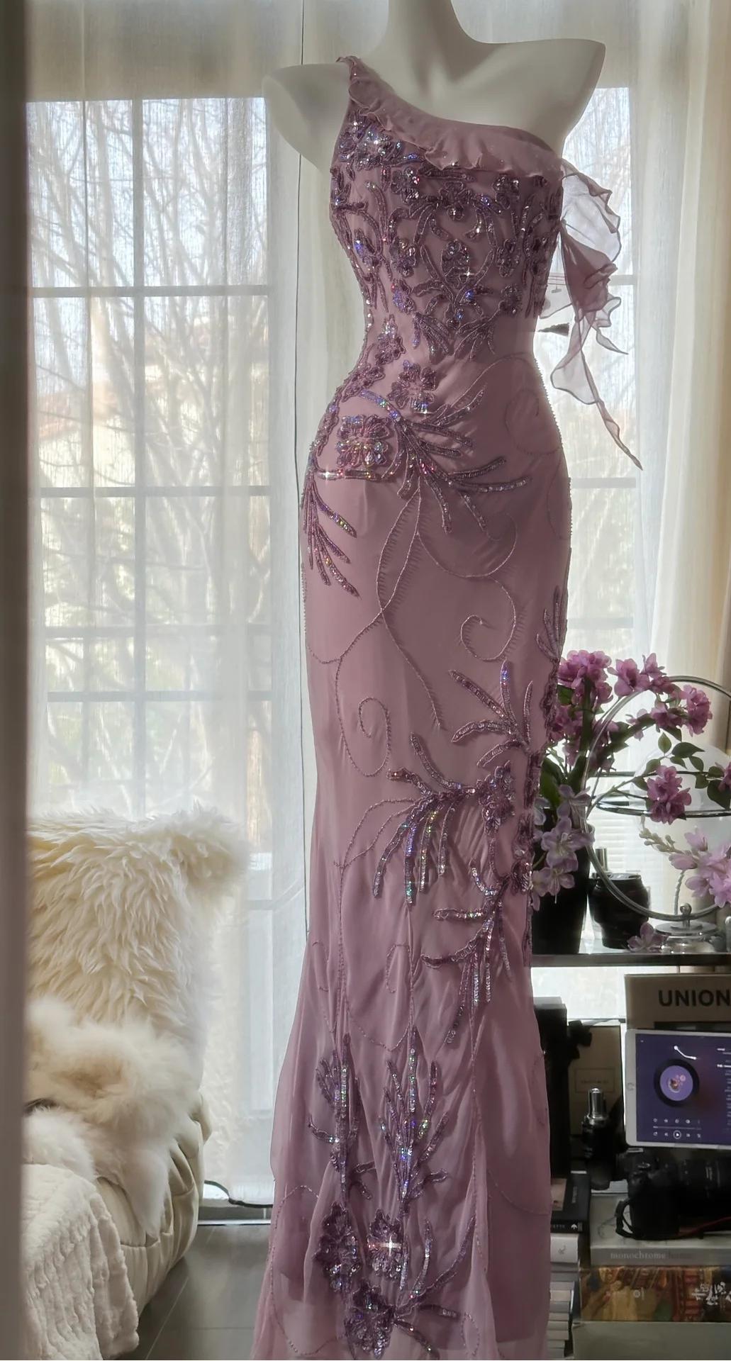 Enchanted Light Purple One Shoulder Beading Chiffon Prom Dress Glitter Evening Gown