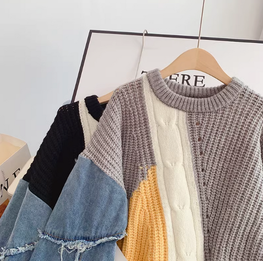 Denim Patchwork Langarm Damen Pullover ED0194