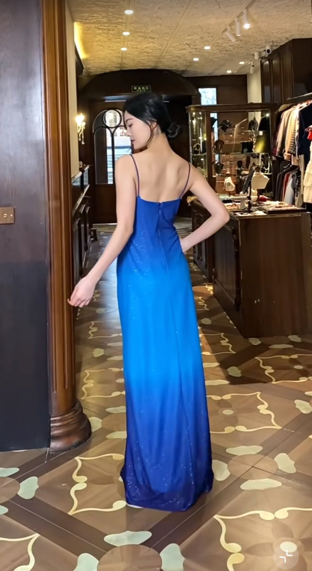Glitter Chiffon Gradient Blue Prom Dress for Party Elegant Spaghetti Strap Evening Gown