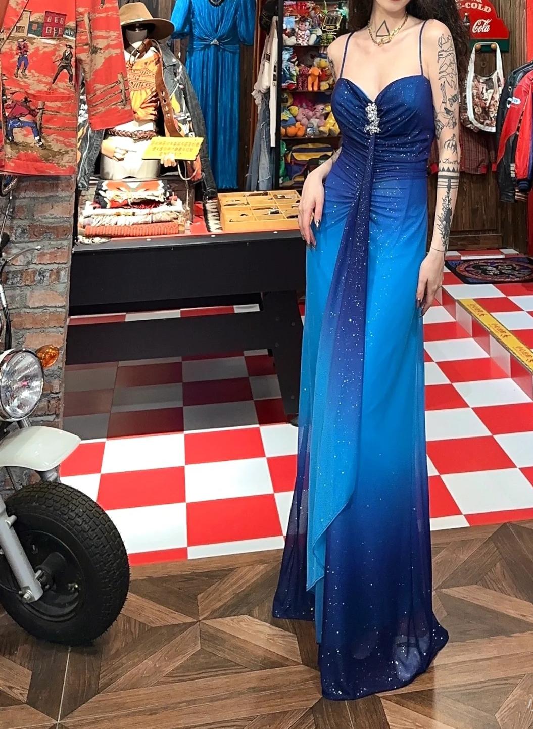 Glitter Chiffon Gradient Blue Prom Dress for Party Elegant Spaghetti Strap Evening Gown