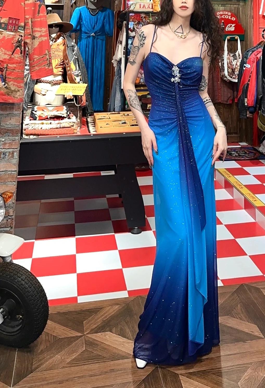 Glitter Chiffon Gradient Blue Prom Dress for Party Elegant Spaghetti Strap Evening Gown