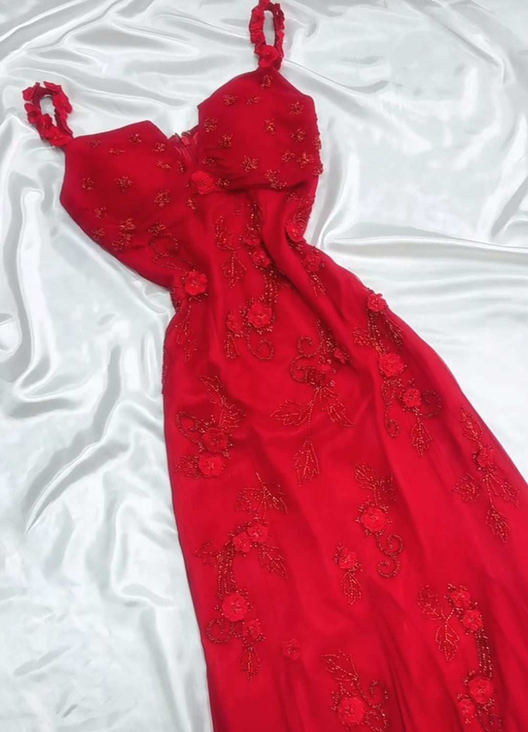 Retro Fairytale Red Chiffon Prom Dress for Party&Birthday Glitter Beaded Applique Evening Gown