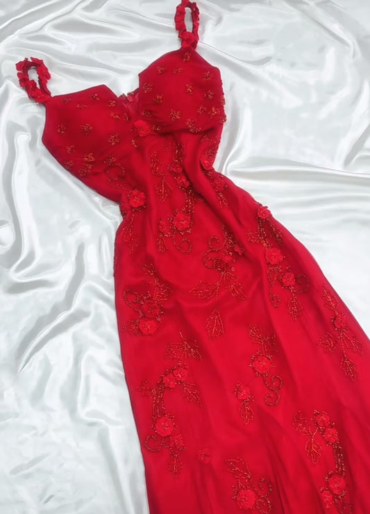 Retro Fairytale Red  Chiffon Prom Dress for Party&Birthday Glitter Beaded Applique Evening Gown