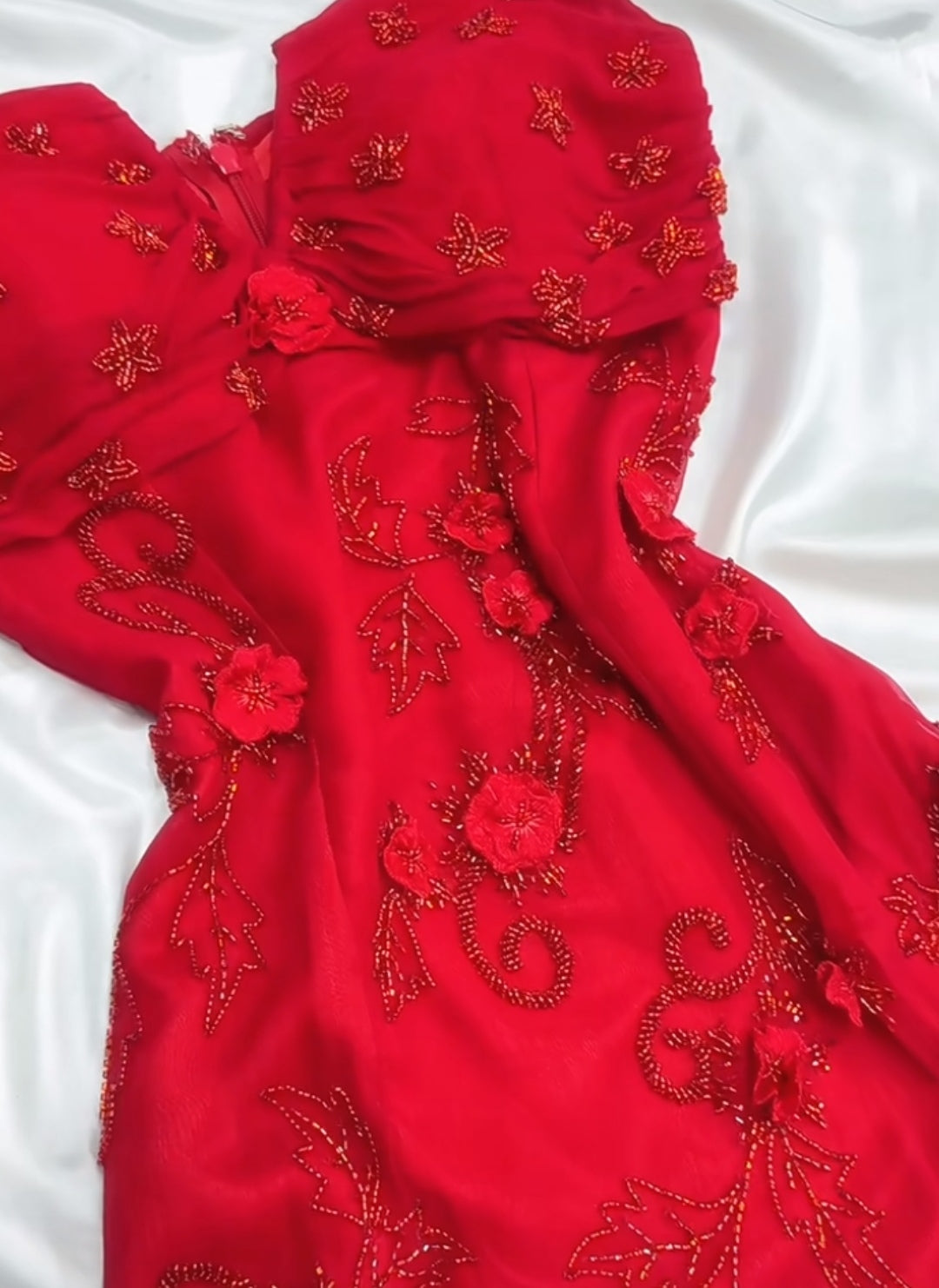 Retro Fairytale Red Chiffon Prom Dress for Party&Birthday Glitter Beaded Applique Evening Gown