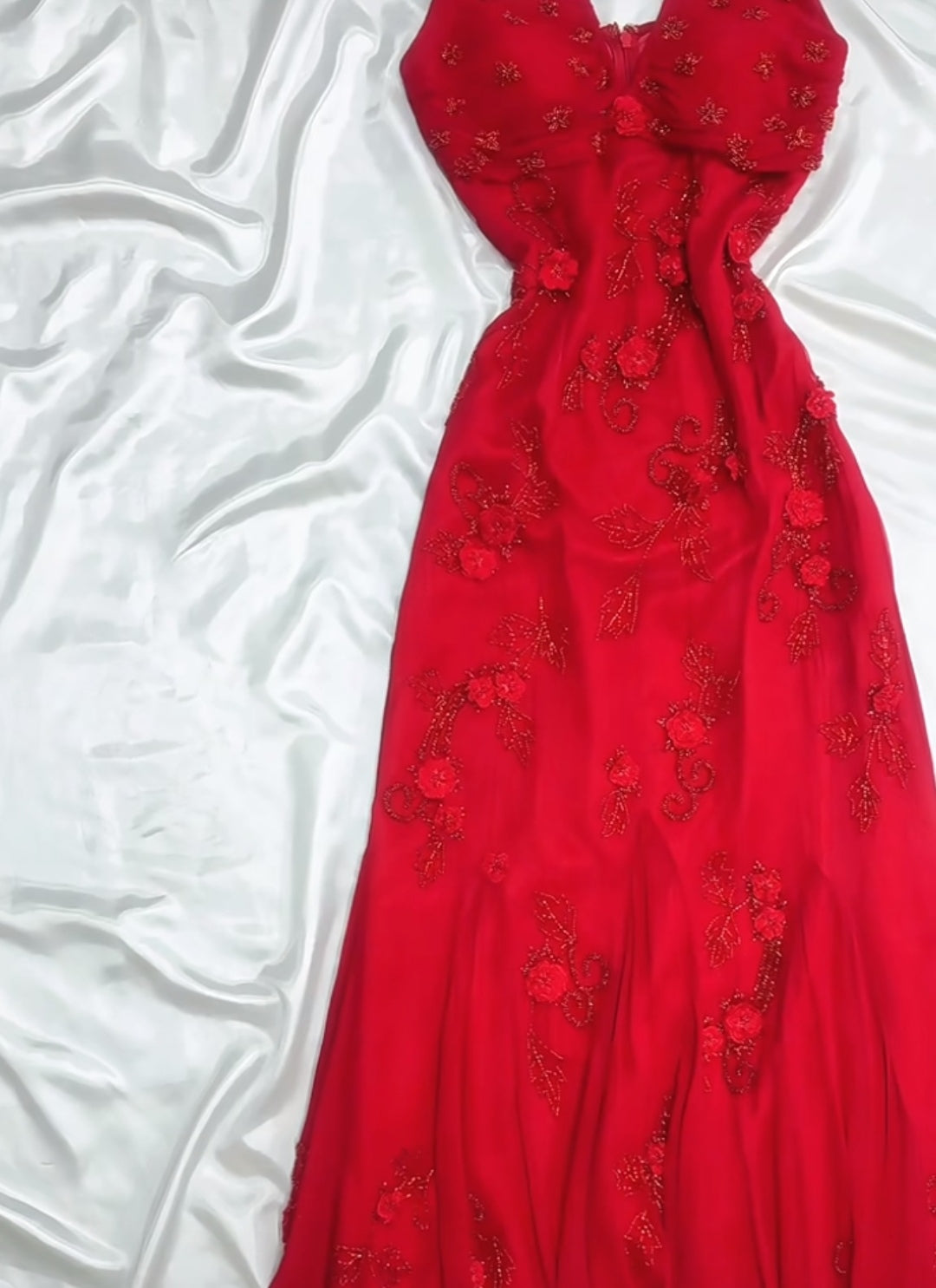 Retro Fairytale Red Chiffon Prom Dress for Party&Birthday Glitter Beaded Applique Evening Gown
