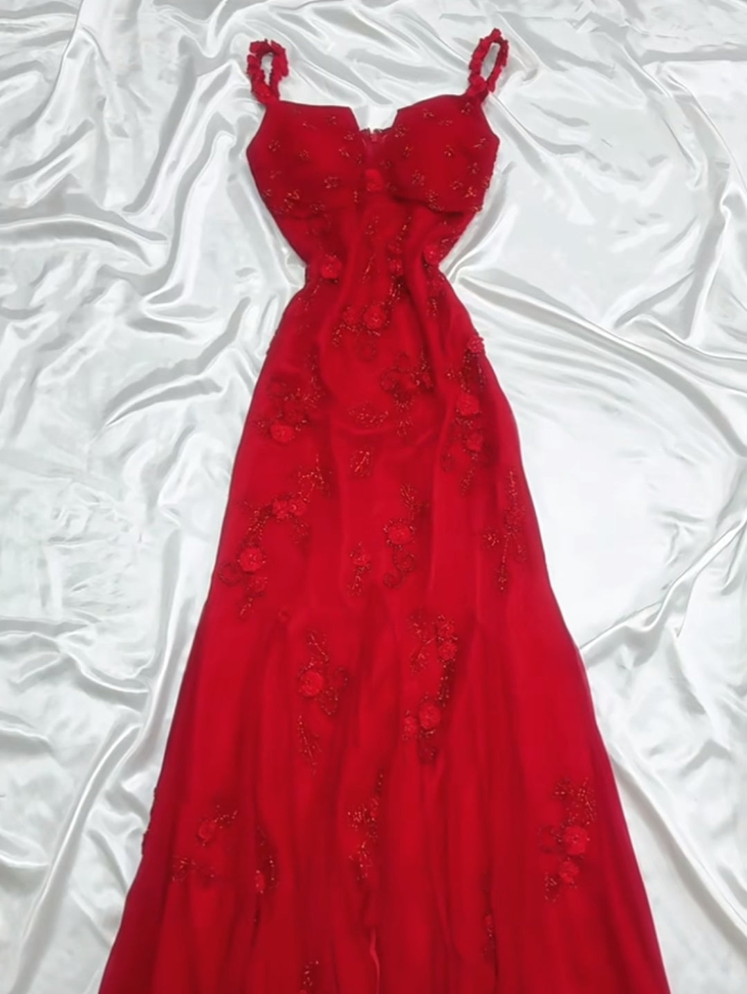 Retro Fairytale Red Chiffon Prom Dress for Party&Birthday Glitter Beaded Applique Evening Gown