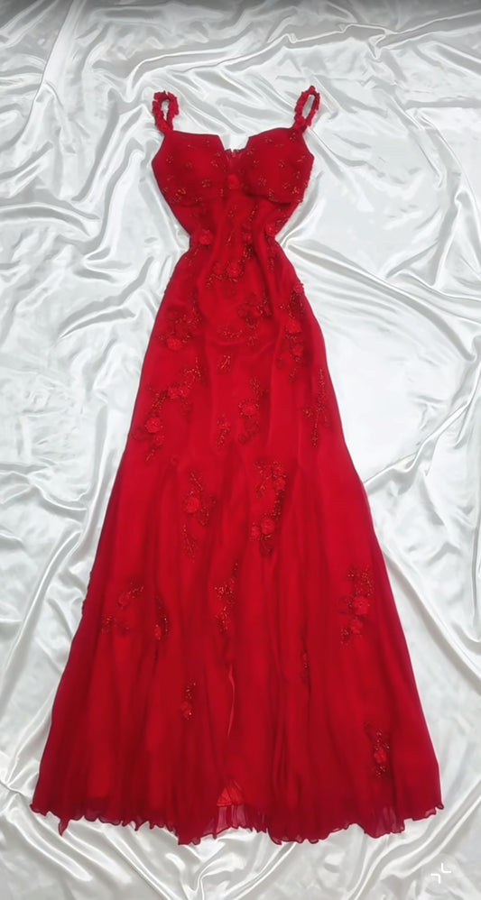 Retro Fairytale Red  Chiffon Prom Dress for Party&Birthday Glitter Beaded Applique Evening Gown