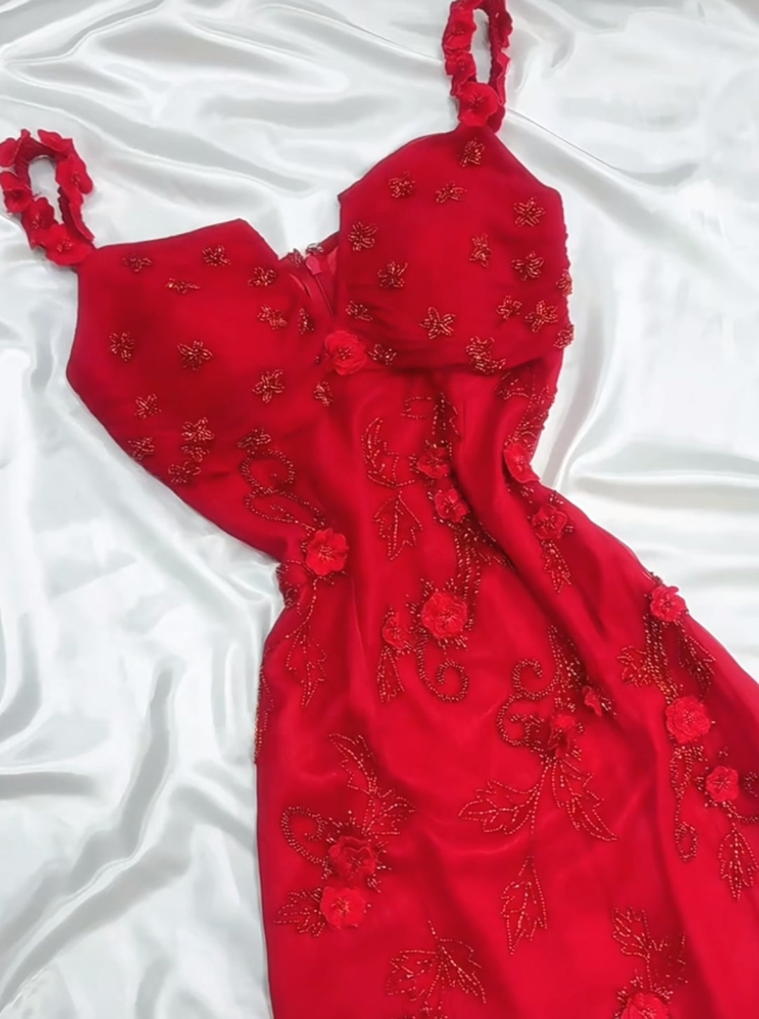 Retro Fairytale Red Chiffon Prom Dress for Party&Birthday Glitter Beaded Applique Evening Gown