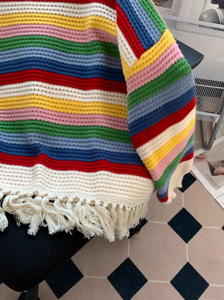 Rainbow Stripe Fringe Loose Crewneck Sweater ED0195