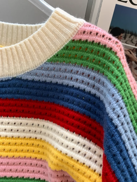 Rainbow Stripe Fringe Loose Crewneck Sweater ED0195