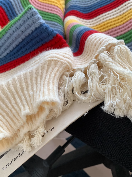 Rainbow Stripe Fringe Loose Crewneck Sweater ED0195