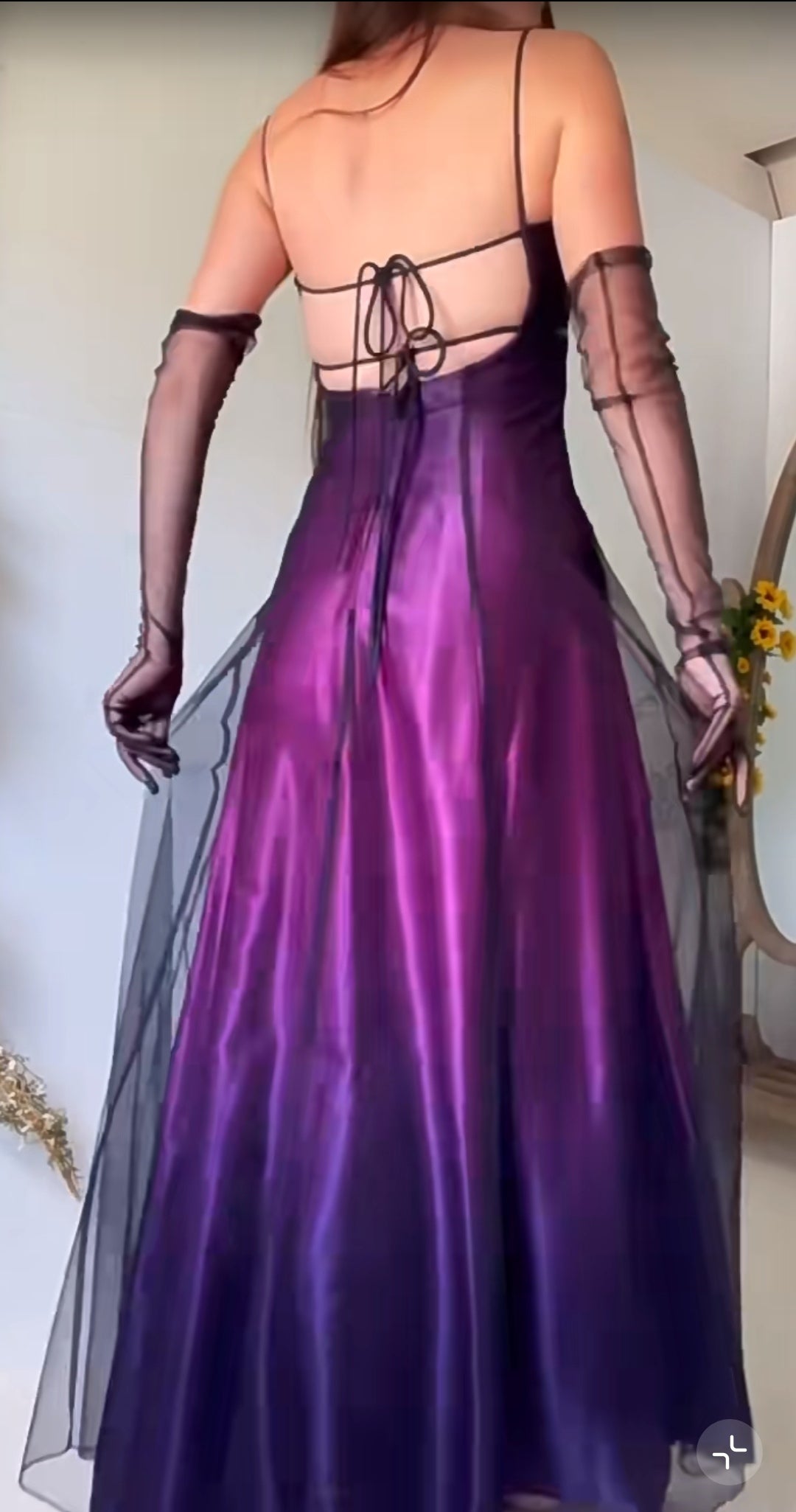 Midnight Purple Satin Long Empire High Waist Prom Dress Spaghetti Strap Beaded & Tulle Backless Evening Dress