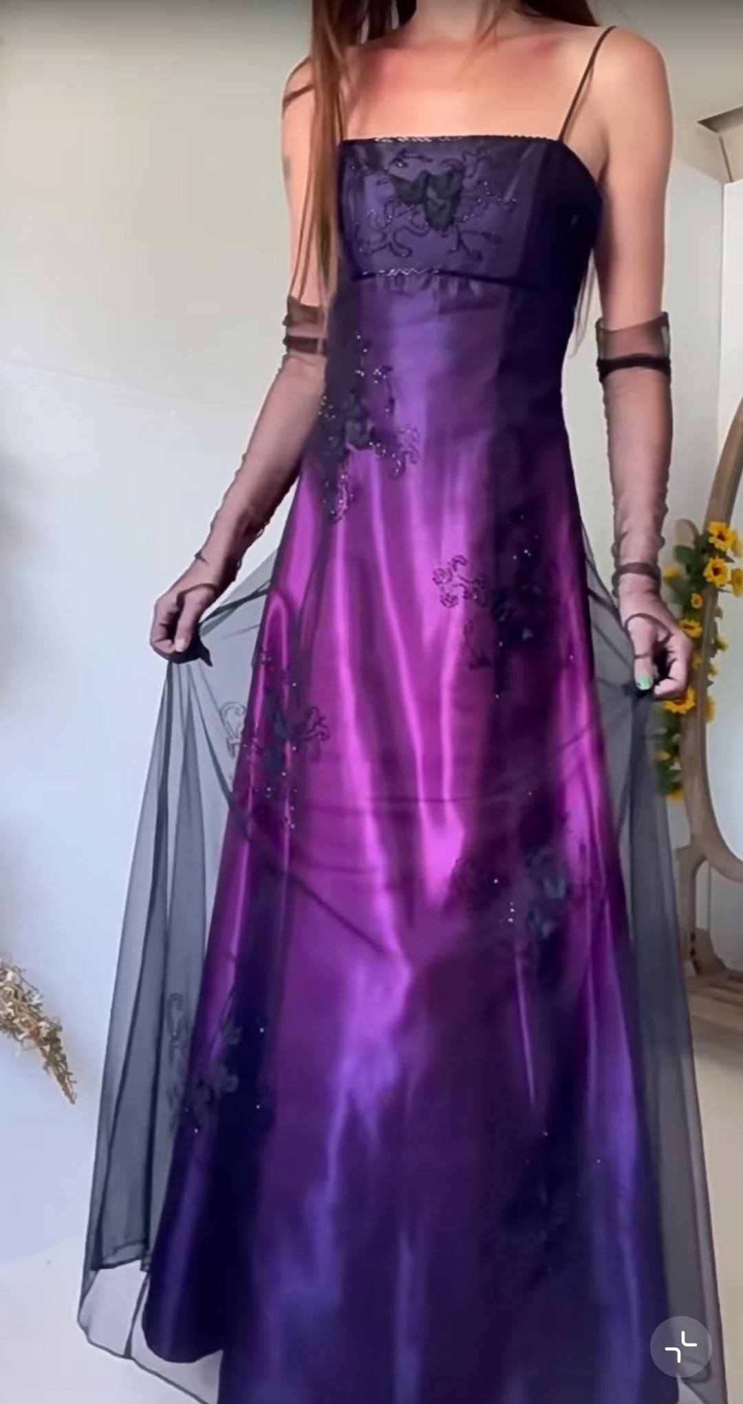 Midnight Purple Satin Long Empire High Waist Prom Dress Spaghetti Strap Beaded & Tulle Backless Evening Dress
