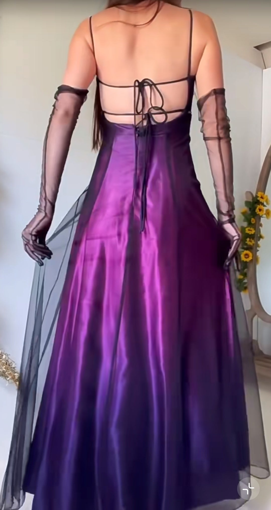 Midnight Purple Satin Long Empire High Waist Prom Dress Spaghetti Strap Beaded & Tulle Backless Evening Dress
