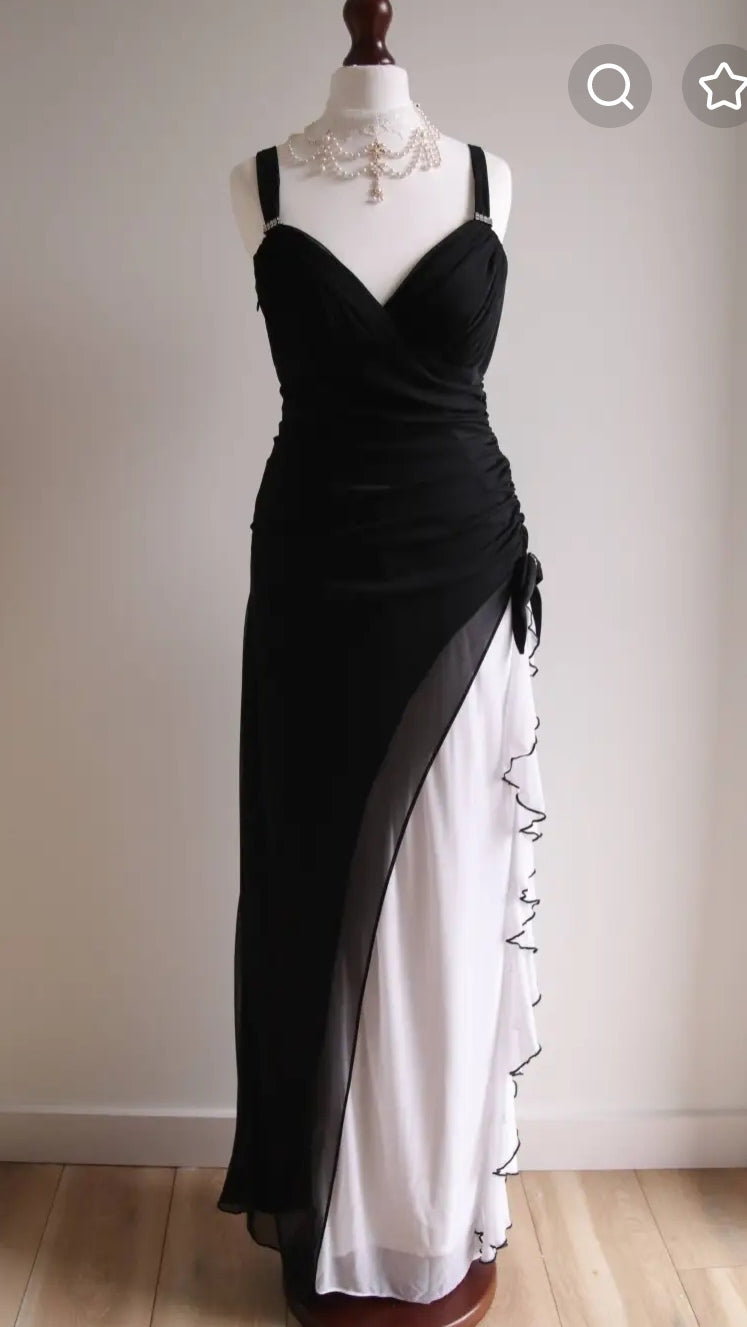 Black V-neck Chiffon Ball Dress White Ruffle Party Dress
