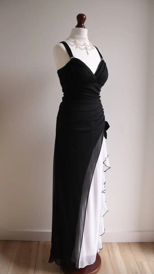 Black V-neck Chiffon Ball Dress White Ruffle Party Dress