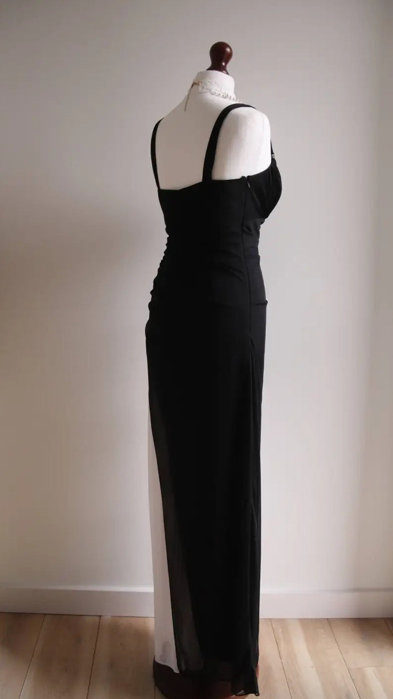 Black V-neck Chiffon Ball Dress White Ruffle Party Dress